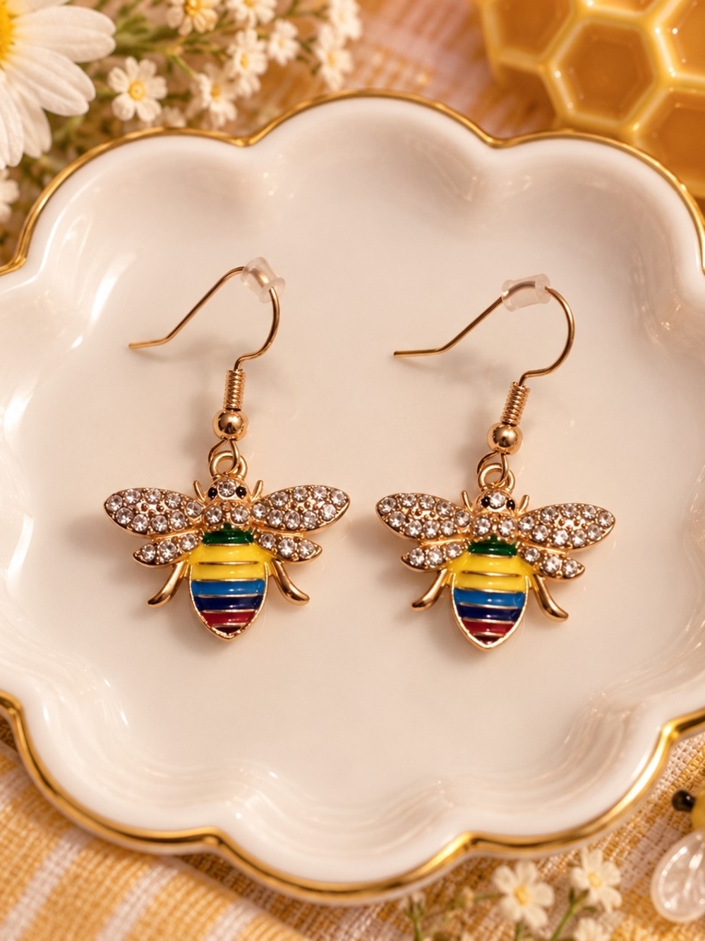 Gold Bee Drop Earrings with Multicolor Stripes and Rhinestones New